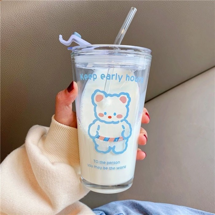 Tumbler Kaca Motif dan Sedotan Kaca/Tumbler Kaca/Gelas Tumbler Kaca/