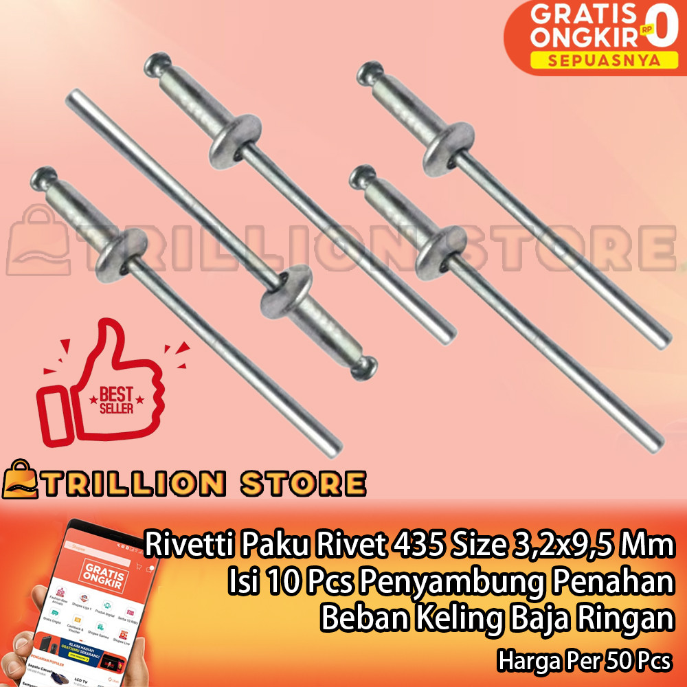 Rivetti Paku Rivet 435 Size 3,2x9,5 Mm Isi 50 Pcs Penyambung Penahan Penahan Penguat Material Alat K