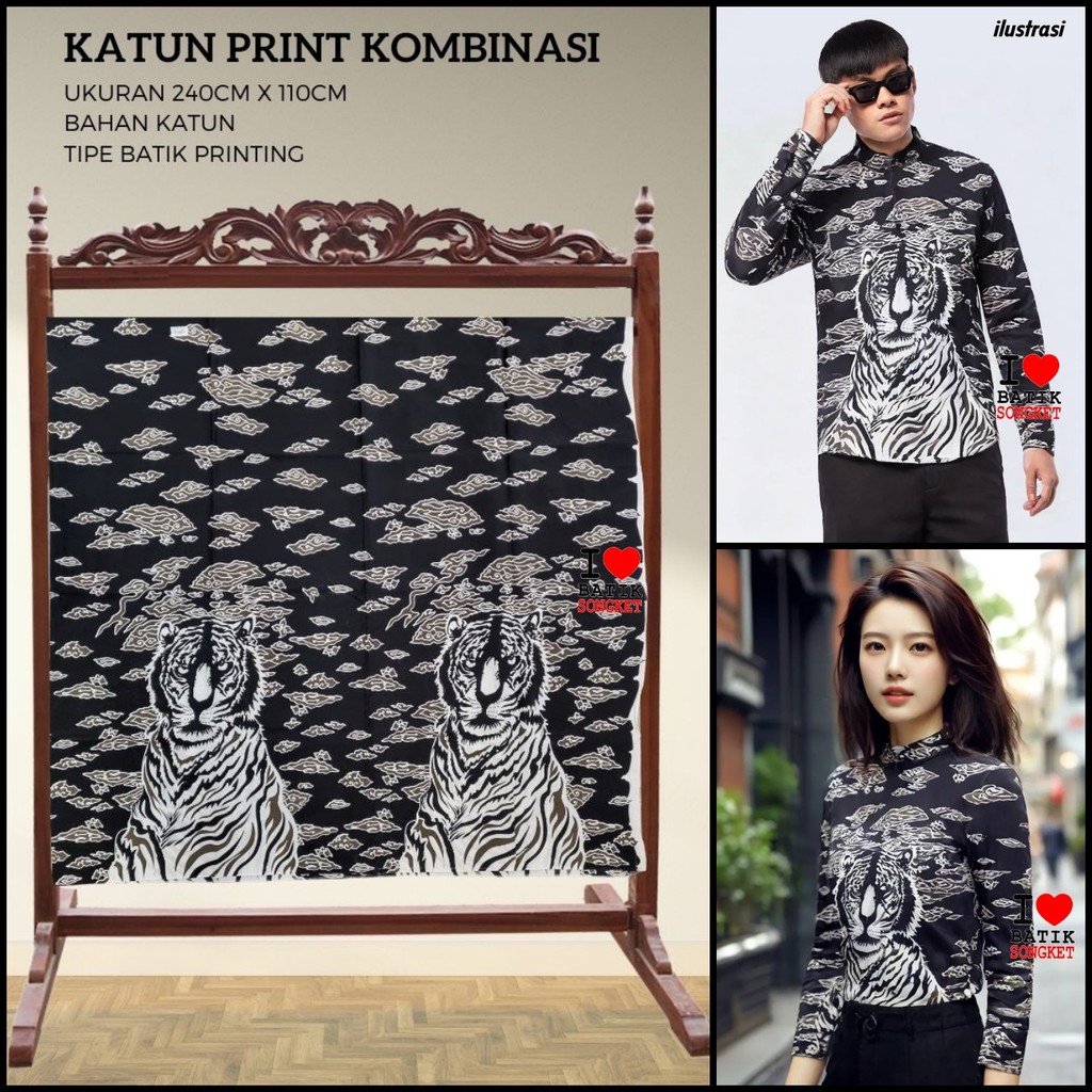 KATUN PRINT KOMBINASI MOTIF 19 BAHAN KAIN BATIK SOLO JOGJA KLASIK HARIMAU MACAN TIGER HITAM PUTIH AB
