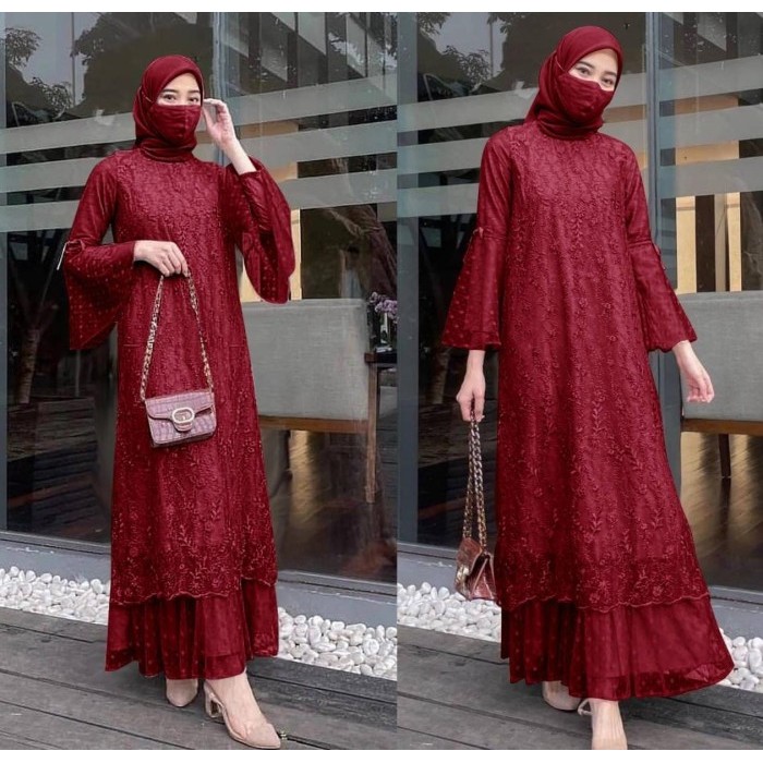 XY DHS MAXI GELA GAMIS BROKAT M-L-XL-XXL JBO / GAMIS TILE MUTIARA / - LILAC, L