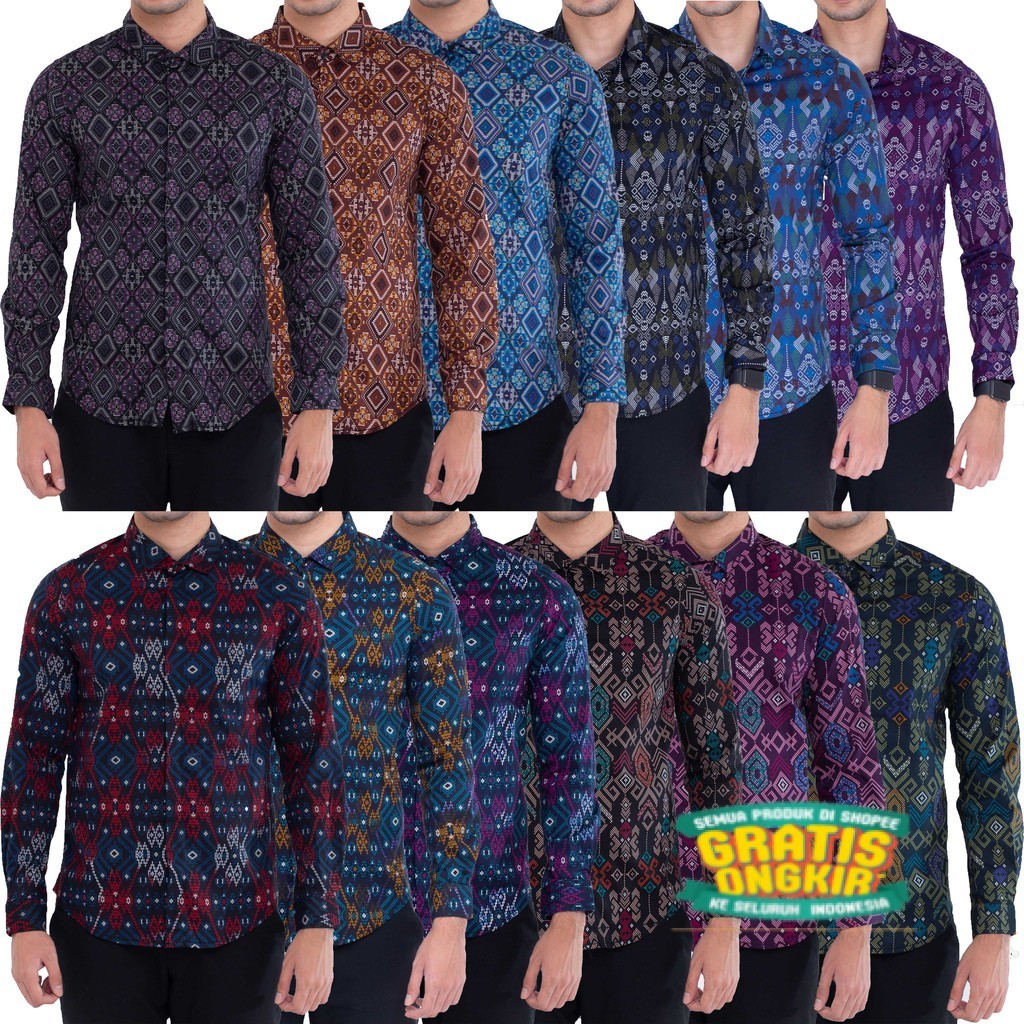 Atasan Pria Kemeja Batik Lengan Panjang All Motif Hitam Merah Ungu Slimfit Grosir/ langsung proses