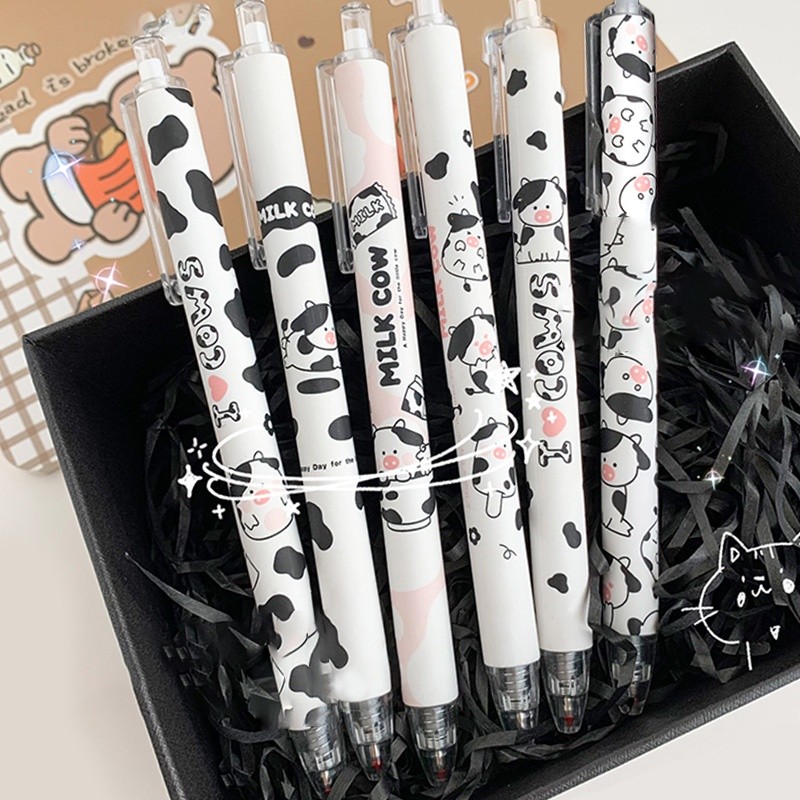 

6pcs Pulpen Gel Tinta Hitam 0.5mm Bentuk Kartun Sapi Untuk Pelajar