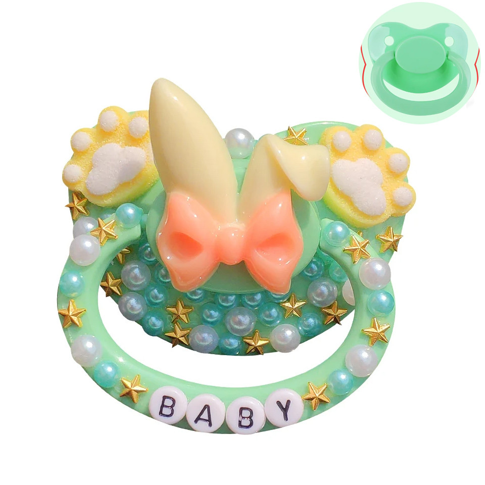 unique handmade bling Green rabbit ears adult pacifier Adult Sized Cute Gem Pacifier Dummy  Silicone
