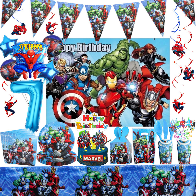 

Marvel Birthday Party Decoration Avengers Super Hero Disposable Tableware Set Balloon Spiderman Iron Man Birthday Event Supplies