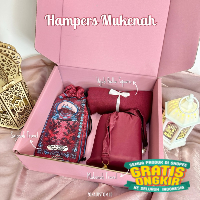ZONACUSTOM - Hampers Mukenah Sajadah Hijab Hari Raya Idul Fitri Paket Mukena dan Sajadah Traveling H