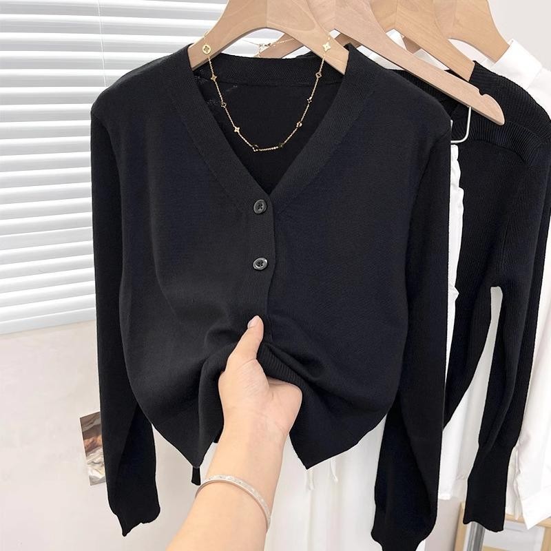atasan rajut knit lengan panjang wanita hitam v-neck korean style slim fit kaos press body wanita