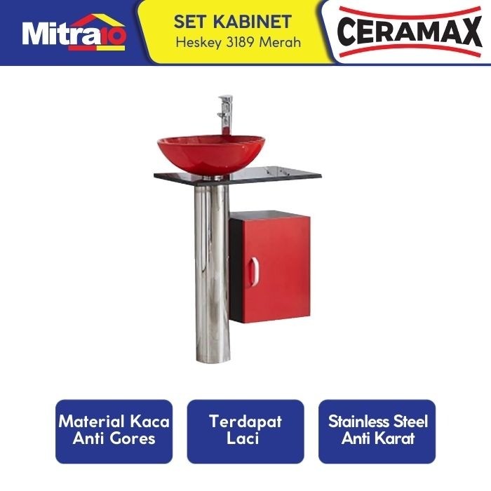 Ceramax Kabinet Kaca Dengan Wastafel Kamar Mandi Heskey 3189 Merah (Set)