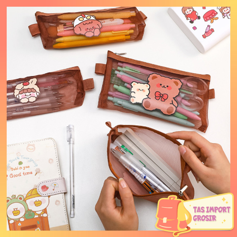 

Tas Import - S5776 Tempat Pensil Zipper Coklat Motif / Tempat pensil jaring zipper transparant / Tempat Makeup Model Jaring Transparan