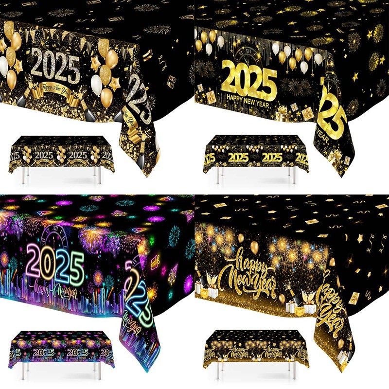 

Black Gold New Year Disposable Plastic Tablecloth Happy New Year Party Decorations for Home 2025 Waterproof Dinning Table Cover