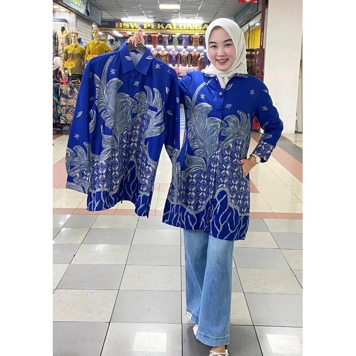 batik solo premium wanita dan pria warna biru elektrik kombinasi abu abu lapisan full trikot R11 - X