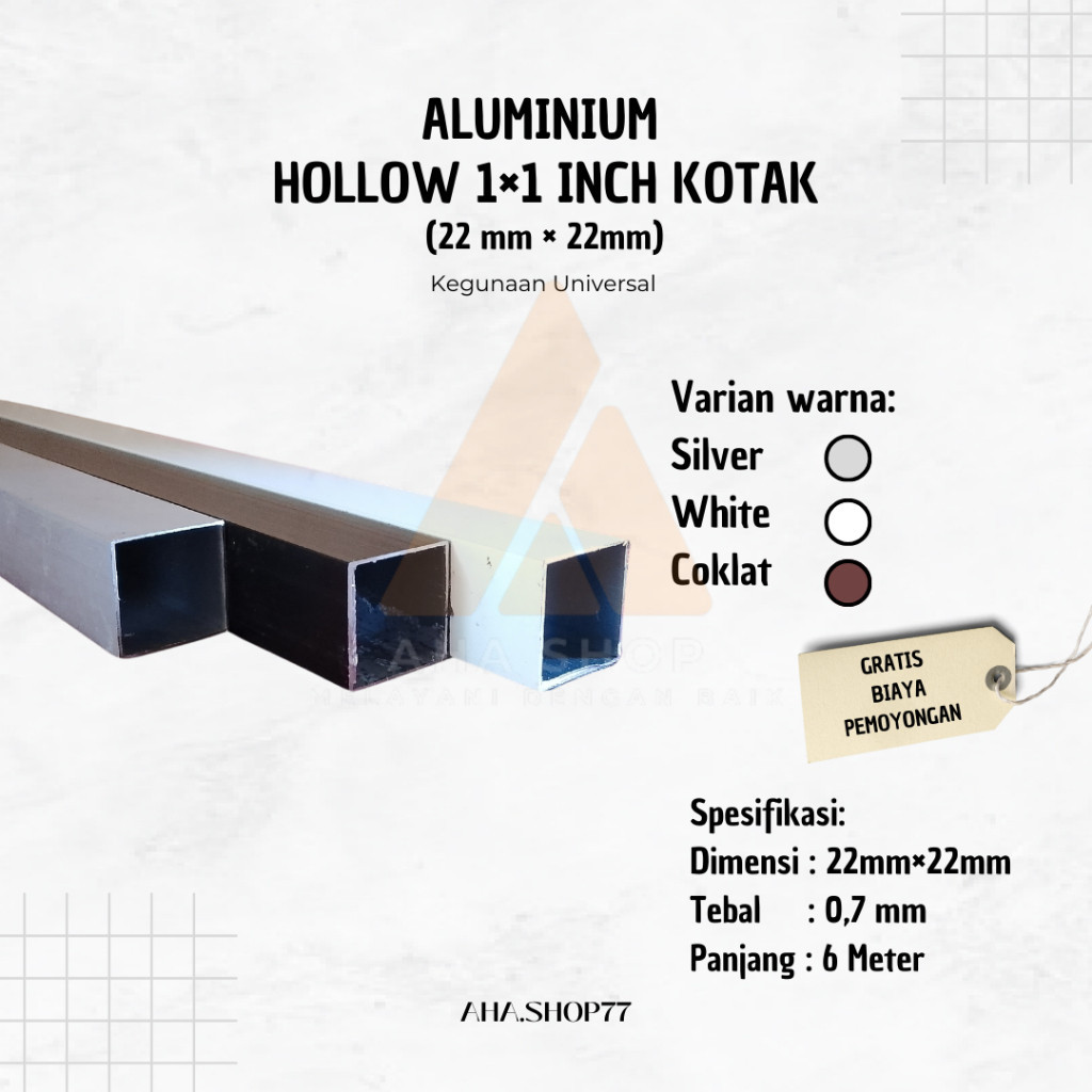HOLLOW / KOTAK ALUMINIUM 20x20 MM FURNITURE ANTI KARAT KEROPOS