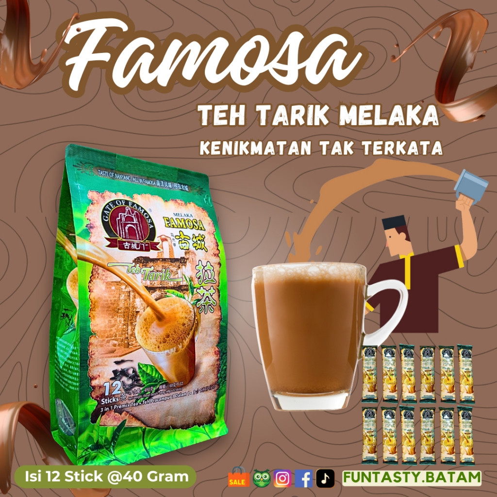 

Teh Tarik Malaka Sachet Asli Malaysia Tanpa Ampas Famosa Melaka pulled milk tea Creamy Premium