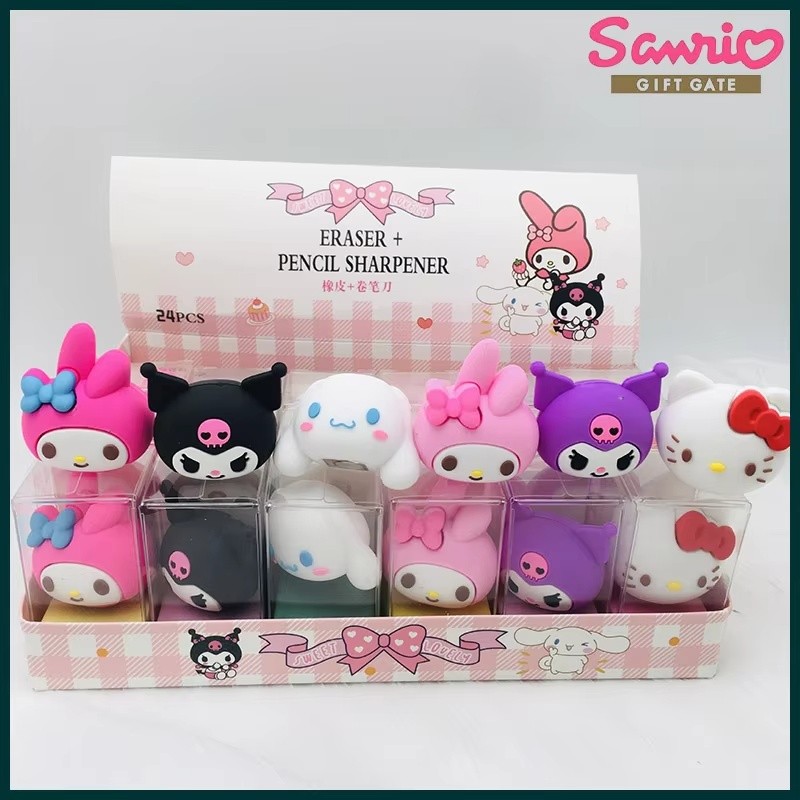 

24pcs Sanrio Eraser Pencil Sharpener Hello Kitty Kuromi My Melody Student Anime Stationery Kids School Supplies Wholesale Gift