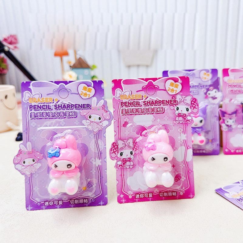 

12pcs/lot Kawaii Sanrio Melody Pencil Sharpener With Eraser Hand Mechanical Cutter Knife Stationery gift school supplies