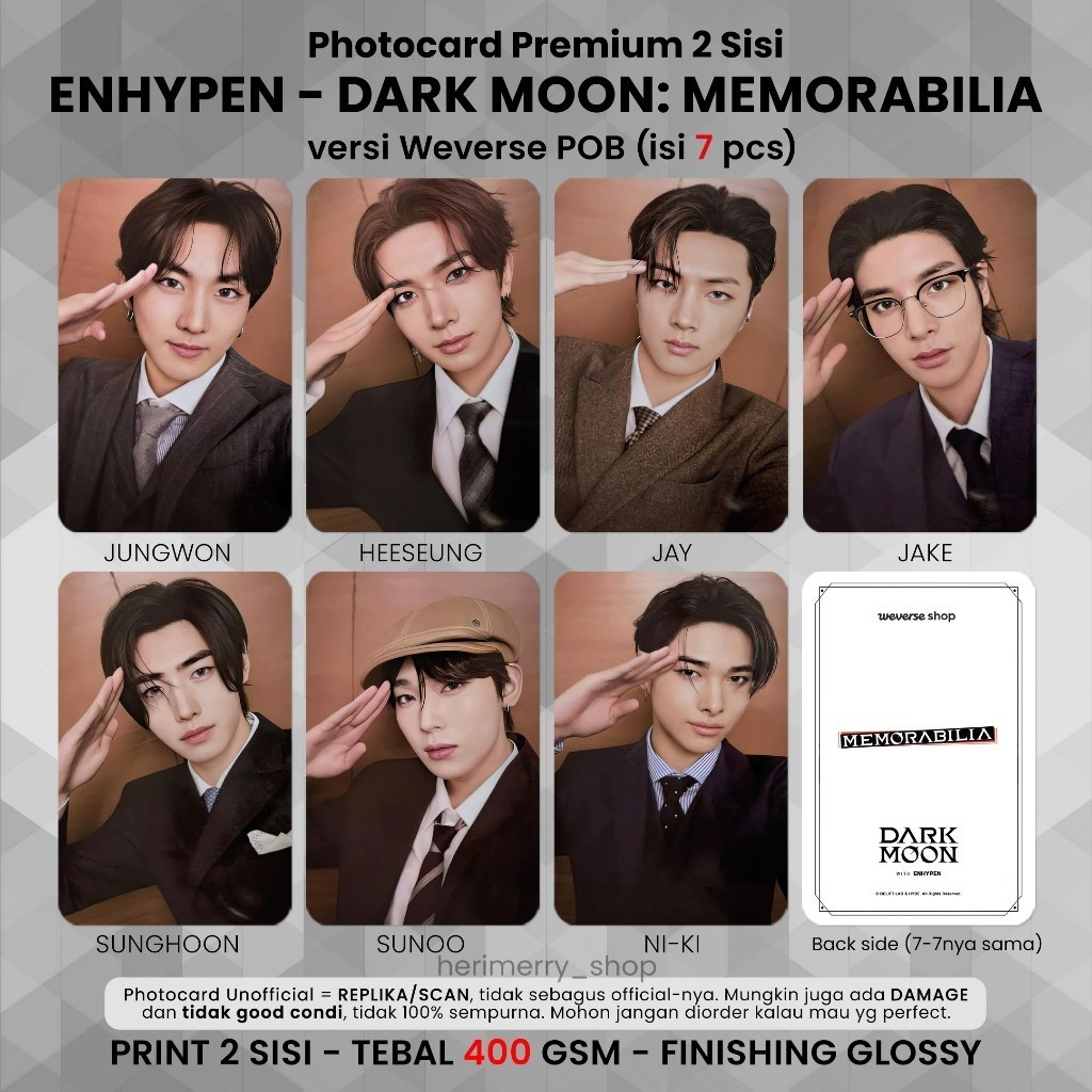 (ISI 7 PCS) Photocard ENH*A DARK MOON MEMORABILIA - Potocard PC Premium 2 Sisi Kartu Kpop Merch Unof