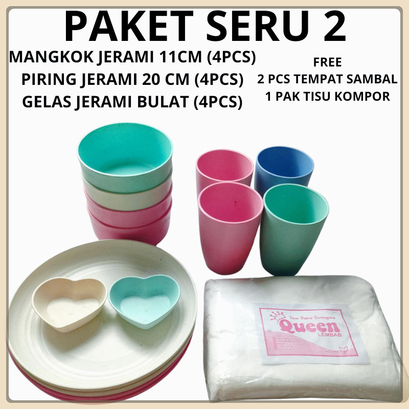 Set Peralatan Makan Jerami Gandum Free 1 Pack Tisu Kompor Dan Tempat Sambal Piring Mangkok Gelas Jer