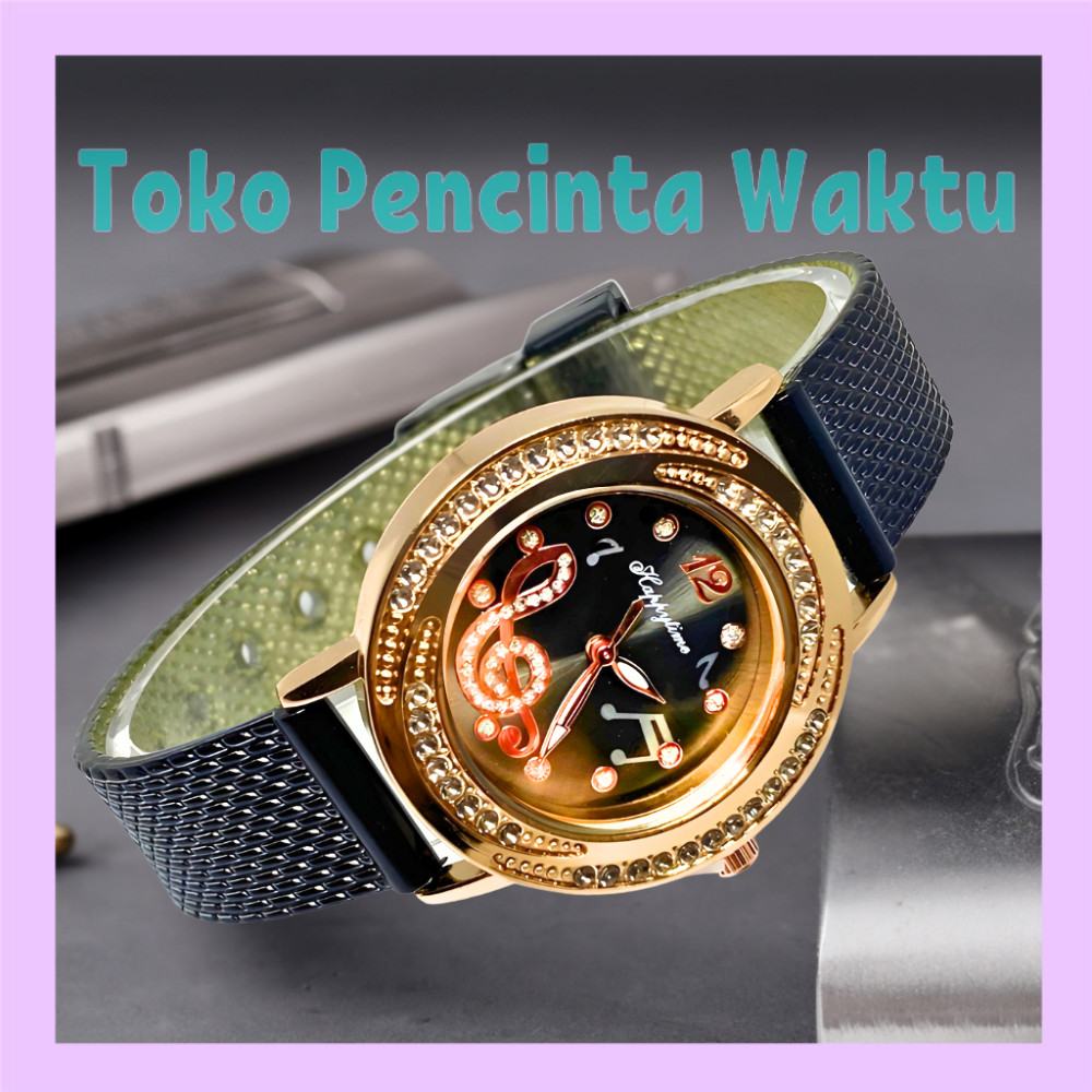 （ Bisa COD ）Jam Tangan Wanita: Cahaya Berlian, Rose Gold, Dial Not Musik, Tali Silikon Glitter