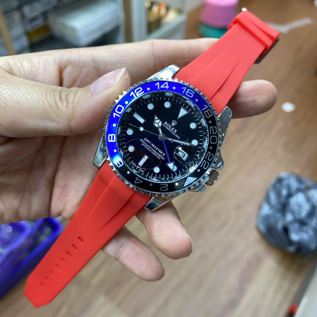 BEST SELLER- Jam Tangan Pria Rolex Gmt Tali Rubber Body Bulat Ring Putar Tanggal Aktif