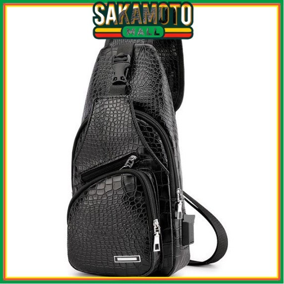 TAS PRIA SELEMPANG KULIT PREMIUM COSTA TA041B5 BAHU HITAM CROCODILE  USB  FASHION KOREA ABG COWOK KE