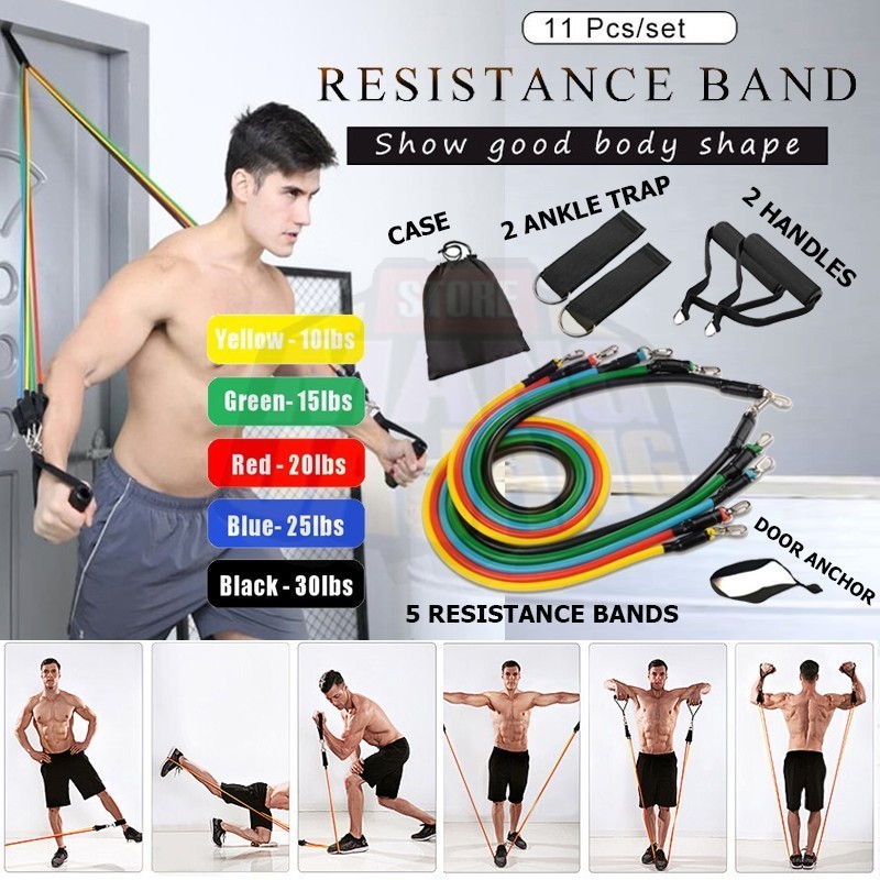 Power Resistance Band 11 Pcs Set Tali Karet Tarik Fitness Gym Yoga - Resitance Bands (J984)