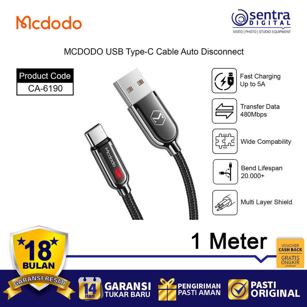 MCDODO CA-6190 Kabel Data USB Type-C Auto Power Off QC3.0 QC4.0 5A 1M