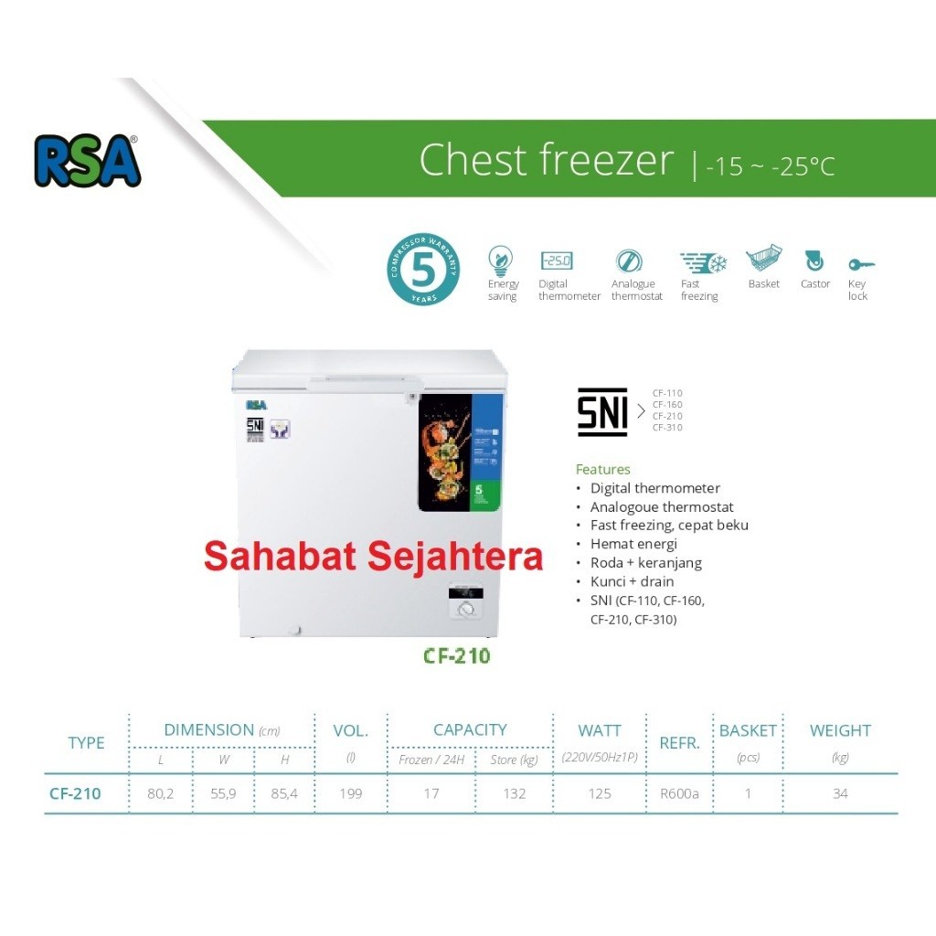 RSA Chest Freezer CF-210 Freezer Box Khusus Jakarta