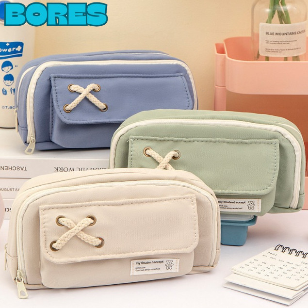 

BORES Tempat Pensil Model Pita Silang Kotak Pensil Tali Rami Ritsleting Ganda Bahan Kanvas Pouch Tempat Alat Tulis Perlengkapan Sekolah Kantor Dua Sisi Resleting