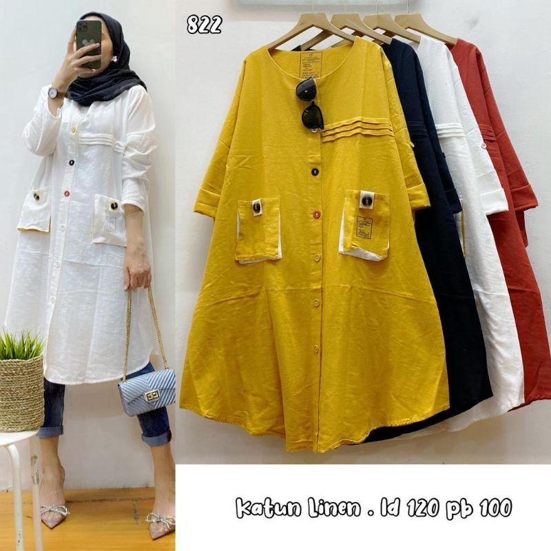 Tunik Kemeja Katun Linen Import JUMBO Polos Kantong Depan Kerah Bulat FelLa#822/ GAMIS MODEL BARU MU
