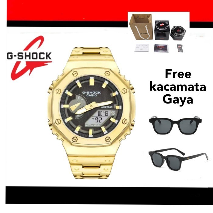 TERMURAH Jam tangan Pria G_shock GA 2100 chrono aktif rantai stainlist ori BM autolight free kacamat