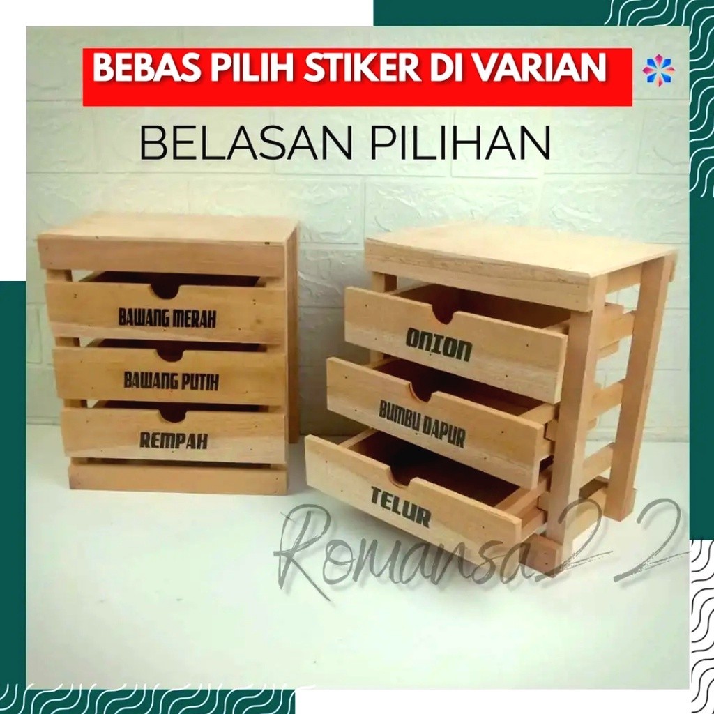 [ GRATIS STIKER ]Tempat Bawang Rak Bumbu Dapur Laci Estetik Susun 3 Multifungsi Wadah Kayu Set Aesth