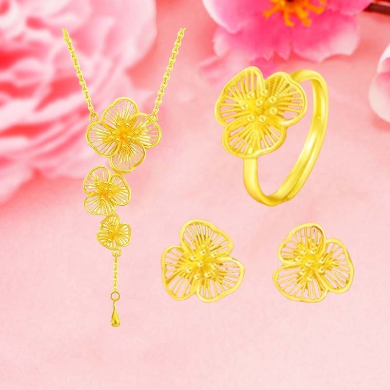 HONGXI-AU750 Setelan Bunga Plum Jatuh Salju 18K Kerajinan Sutra Emas Wanita Cincin Giwang Kalung