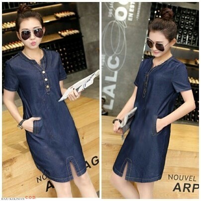 Baju Dress chelsy denim RO Dress Wanita denim super navy Kekinian