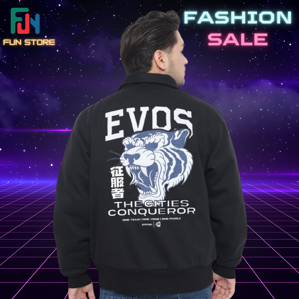 jaket varsity EVOS GLORY BLACK "THE CITIES CONQUEROR" terbaru 2024 RRQ ONIC ALTER EGO RRQ OVER SIZE 