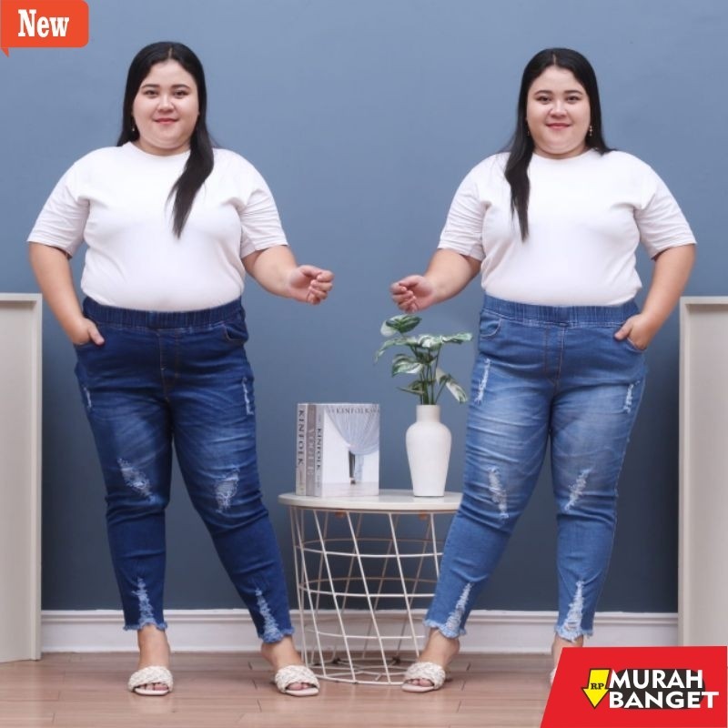 Denim Panjang Wanita celana jeans wanita jumbo sobek / celana pinggang karet street / jeans ripped t