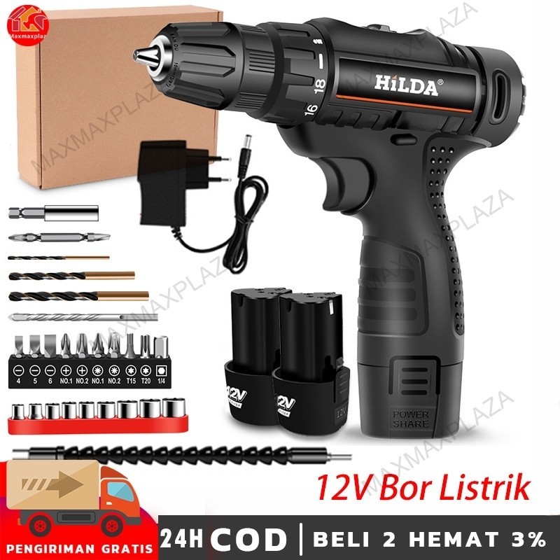 PROMO 12V HILDA Mesin Bor Baterai Tangan Cordless/12V Bor Baterai / Bor dampak / Mesin Bor Cordless