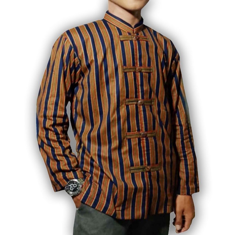 LURIK Lurik Kemeja Baju Keren Koko Pria Lurik Kombinasi Etnik Ja / Ja tengah Cina