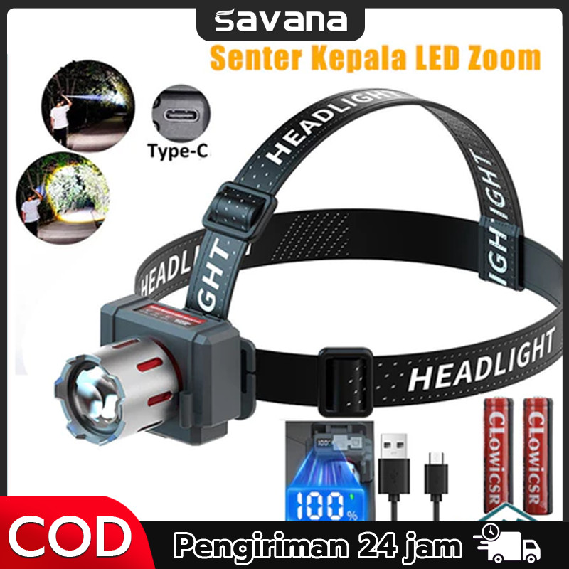 【SAVANA】 HT06 Senter Super Terang Kepala Senter Lampu Depan LED Zoom Headlamp Lampu Putih Dan Kuning