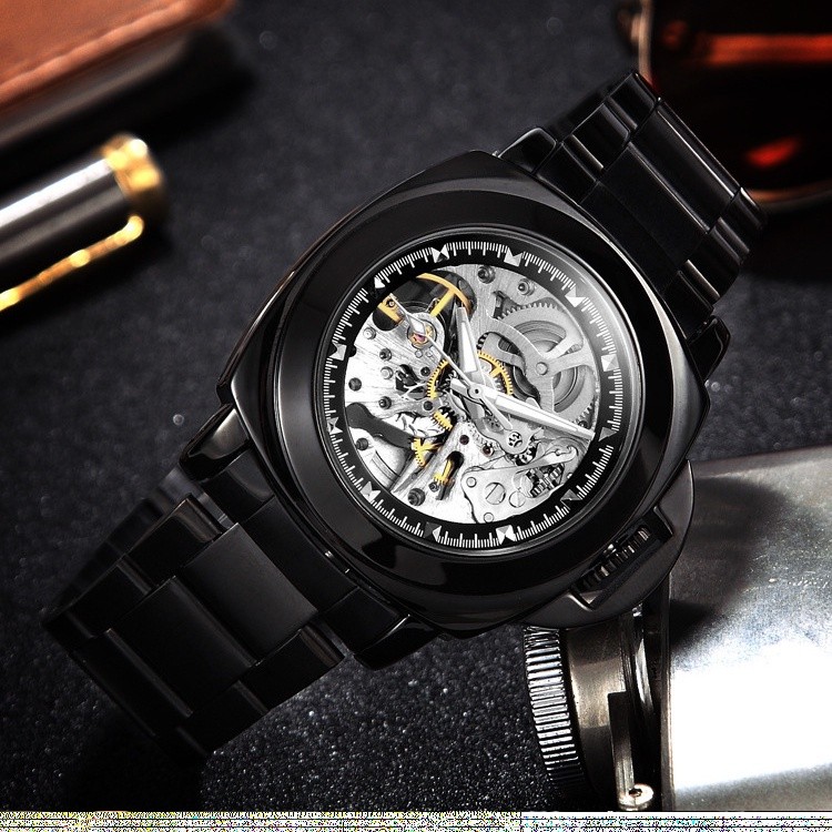 Jam tangan pria Chino Wilon transparan berongga otomatis tren persegi jam tangan pemuda tahan air