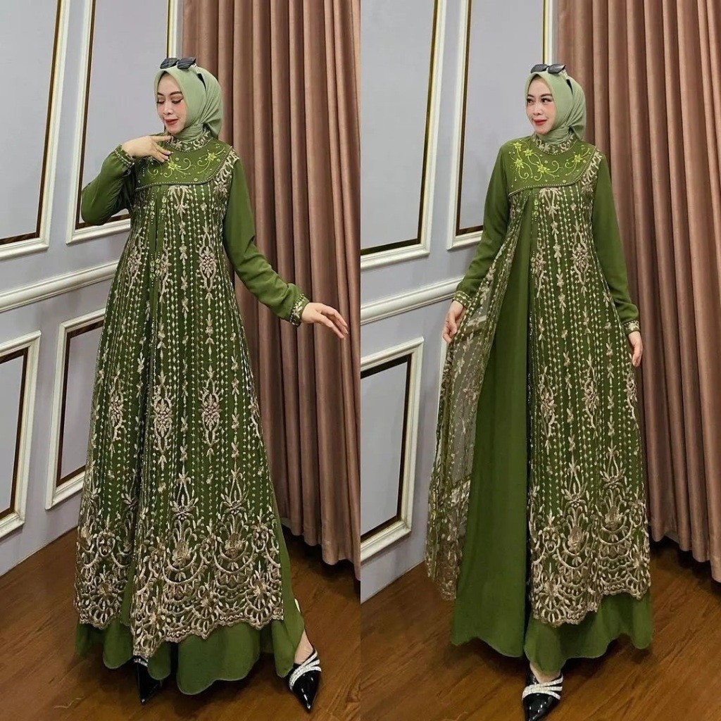 [READY] PROMO Viora Gamis Brokat Payet Mewah Elegan Laura Dress Dress Gamis Model Terbaru Kekinian