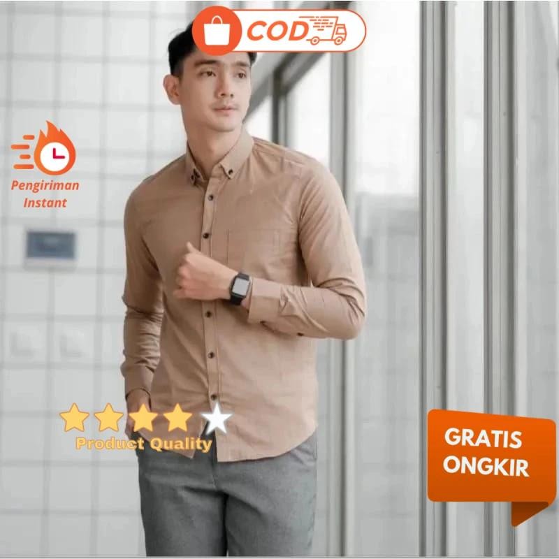 Hurley Kemeja Pria  Kemeja Cowok Polos Lengan Panjang Slimfit Hem Pria Polos Kantor Coklat Susu