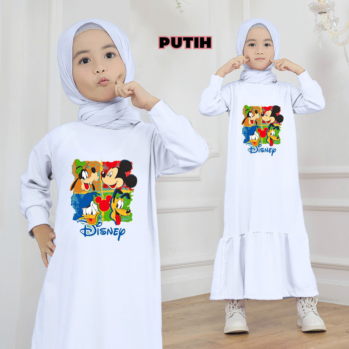 GM081 Kyodai Kids - Gamis Anak Motif Mickey Mouse Disney usia 1-12 Tahun - Putih, S