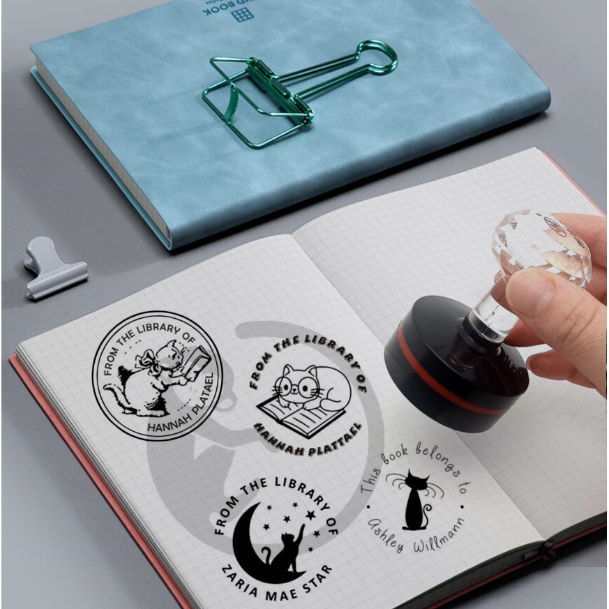 

Cat on the Books Custom Ex Libris Stamp, Black Cat Bookplate Stamp, Mystical Book Stamp, Library Stamp, Book lovers Gift