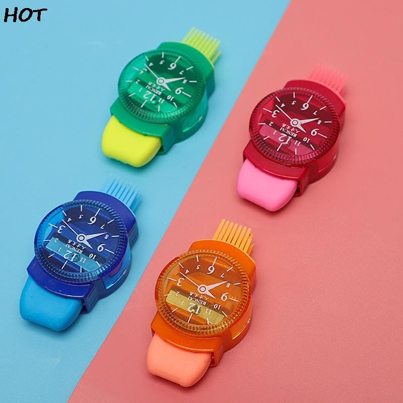 

Cute Watches Shaped Mini Colourful Pencil Sharpeners With Erasers Brush Office School Girls Supplies Machine Pencil Sharpener