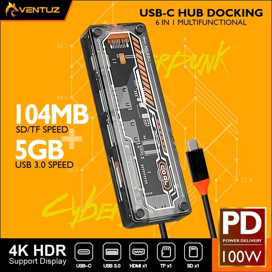 USB Type C Type-C To USB Hub Docking 6 in 1 Multifungsi Multiport USB Hub Card Reader HDMI Power Del
