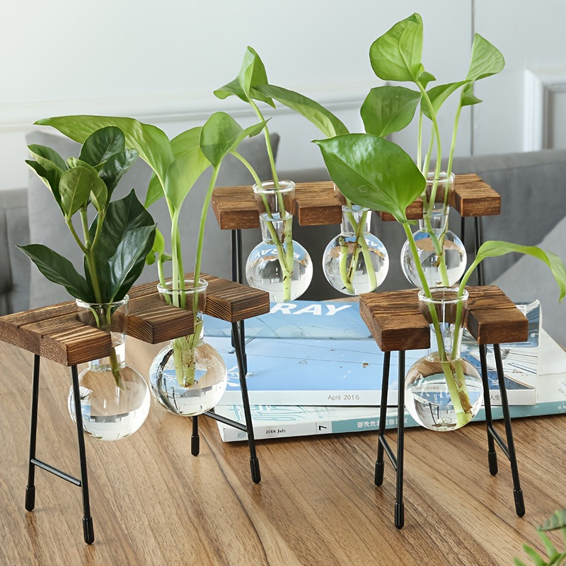 

Creative Wooden Frame Hydroponic Plant Container Glass Bulb Vase Transparent Beaker Glass Planter Bonsai Home Table Ornaments
