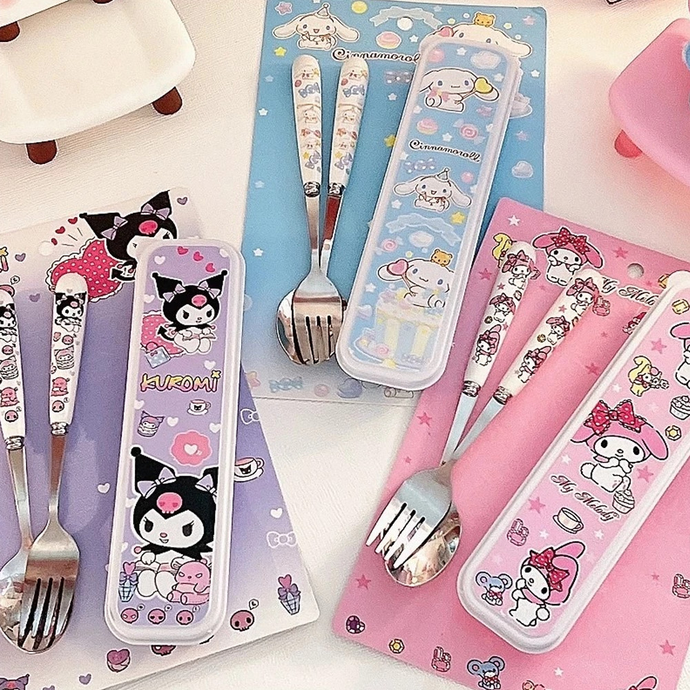 Kuromi Cinnamoroll Melody Set garpu dan sendok stainless steel/ Sendok garpu Lucu stainless Case Set