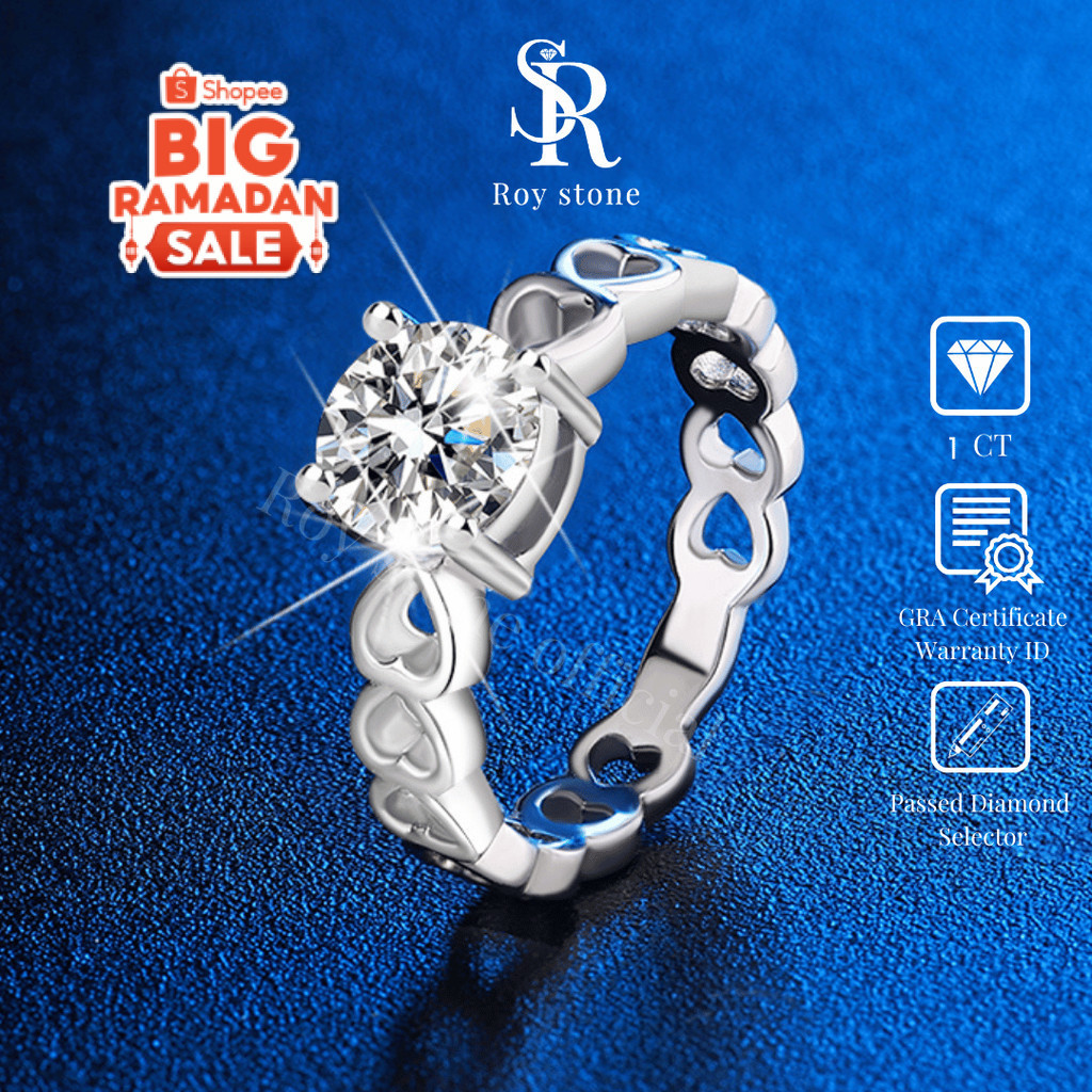 RoyStone - Cincin Moissanite Original Wanita Sertifikat GRA Perhiasan Silver Asli Lapis Emas Putih 1