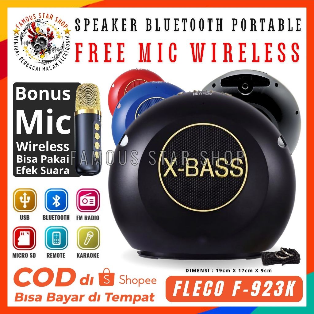 NEWW Speaker Bluetooth Portable Karaoke 3" Type F923 Free Microphone Wireless - FLECO Karaoke BT / U