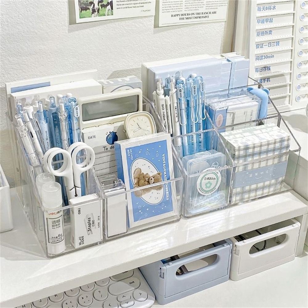 

Transparent Desk Pen Holder Large Capacity Pen Stand Pencil Storage Box Acrylic 5-Grid Stationery Organizer Home Office