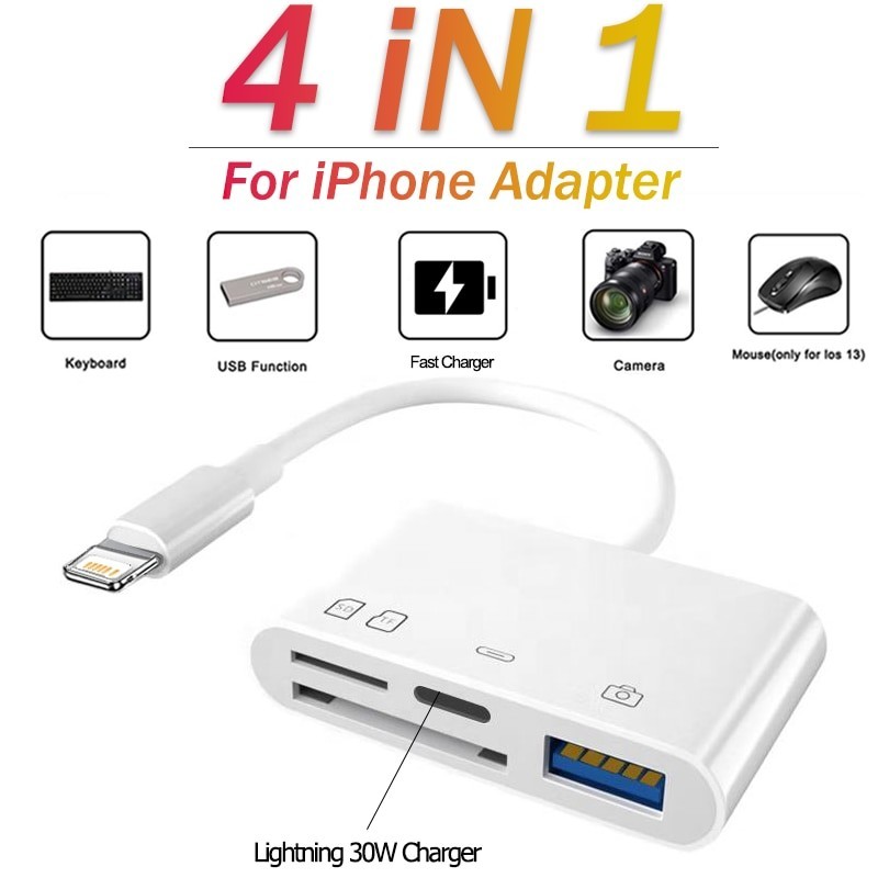 New 4 in 1 Card Reader Lightning to SD TF U Disk for iPhone 14 12 11 13 8 Pro X MAX 30W Charging Cam